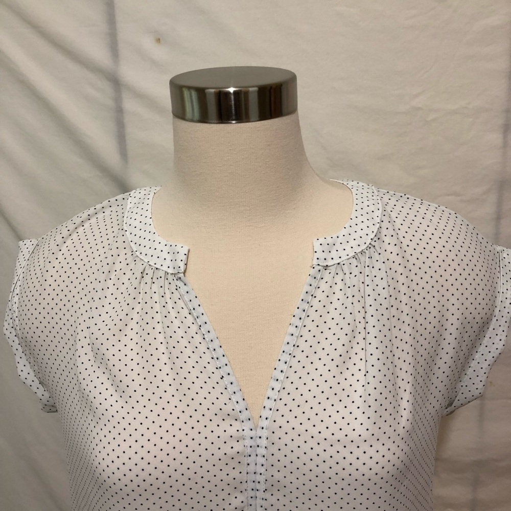 Philosophy white top with tiny black polka dots